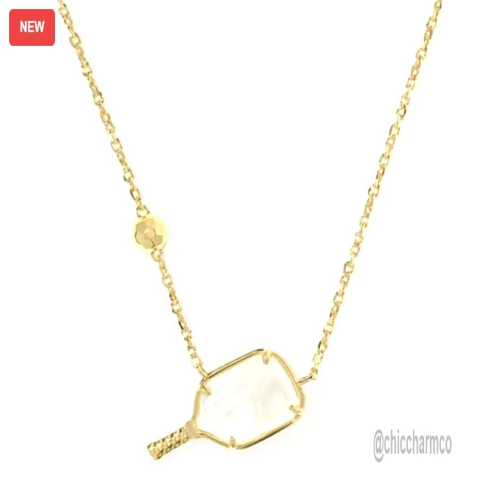 Gold Plated Pickleball Pendant Necklace, Mother of Pearl, Lobster Clasp - Picture 2 of 5